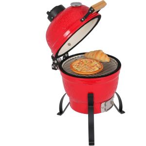 imageOutvita Ceramic Grill 13quot Round Kamado Charcoal Grill Portable Barbecue Grill with Thermometer for Variations on Cooking MethodsBlackIntegrated bracketRed