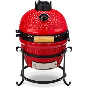 imageOutvita Ceramic Grill 13quot Round Kamado Charcoal Grill Portable Barbecue Grill with Thermometer for Variations on Cooking MethodsBlackSplit bracketRed