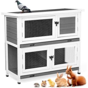 imageOutvita Rabbit Hutch Small Wood Chicken Coop 36quot Guinea Pig Cage w2 Rooms 2 PullOut Tray Waterproof Asphalt Roof Ventilator Door Ramp for Small Animal Pen Outdoor ampamp Indoor