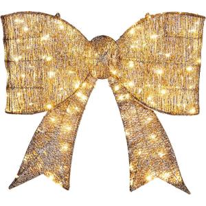 imageOutvita 27in Prelit Outdoor Bow Christmas Decoration Lighted Metal Frame with 124 Warm White LED Lights for Front Door Gate Wall Indoor Outdoor Holiday Party GoldenGolden Bow