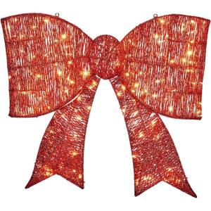 imageOutvita 27in Prelit Outdoor Bow Christmas Decoration Lighted Metal Frame with 124 Warm White LED Lights for Front Door Gate Wall Indoor Outdoor Holiday Party GoldenRed Bow