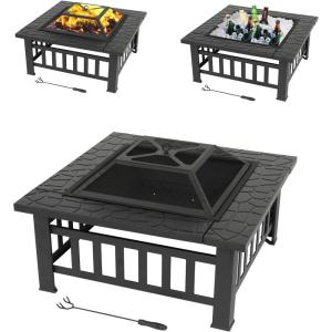 imageOutvita 32in Fire Pit Table Outdoor Square Metal Firepit Table with Fire Bowl Mesh Cover and Fire Poker for Patio Yard Garden Camping