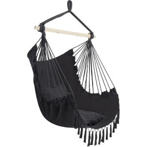 imageOutvita Hammock Chair Suspended Rope Swing with Stylish Tassels NonSlip Galvanized Steel Poles Includes 2 Fluffy Pillows Maximum Weight Capacity 500 lbs Indoor and Outdoor Available BlackBlack