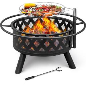 imageOutvita Fire Pit 31 Inch Outdoor Wood Burning Firepits with Swivel Steel BBQ Cooking Grill Spark Screen ampamp Poker Large Fire Bowl for Backyard Garden Patio Bonfire BBQ