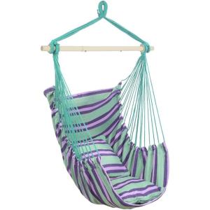 imageOutvita Hammock Chair Hanging Rope Swing Galvanized Steel Pole with NonSlip Ring Includes 2 Fluffy Pillows Maximum Weight Capacity 500 lbs for Indoor Patio Backyard Hanging Mix Color StripeGreen and Purple Stripes