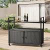 imageOutvita Patio Bar Table Weatherproof Buffet Cabinet Wicker Outdoor Storage Cart with 2 Doors ampamp Shelves Glass Tabletop for Tableware Wine Bottle and Glass Towels and Potting SuppliesGlass topBrown
