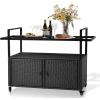 imageOutvita Patio Bar Table Weatherproof Buffet Cabinet Wicker Outdoor Storage Cart with 2 Doors ampamp Shelves Glass Tabletop for Tableware Wine Bottle and Glass Towels and Potting SuppliesGlass topBrown