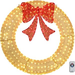 imageOutvita 36in Prelit Outdoor Christmas Wreath Decoration 225 LED MultiColor Lights Lighted Metal Wreath with Bow with Remote Control Timer for Indoor Outdoor Holiday PartyGreenRedWhite
