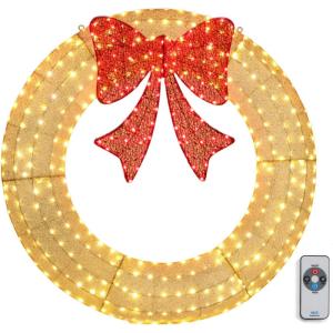 imageOutvita 36in Prelit Outdoor Christmas Wreath Decoration 225 LED MultiColor Lights Lighted Metal Wreath with Bow with Remote Control Timer for Indoor Outdoor Holiday PartyGreenRedGoldRed