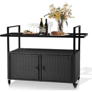 imageOutvita Patio Bar Table Weatherproof Buffet Cabinet Wicker Outdoor Storage Cart with 2 Doors ampamp Shelves Glass Tabletop for Tableware Wine Bottle and Glass Towels and Potting SuppliesGlass topBrown