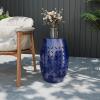 imageOutvita Outdoor and Indoor Lace Cut Iron End Side Table Round Hollow Metal Drum Shape Patio TableGarden Stool Accent Table for Porch Balcony Living Room Poolside Bed WhiteDark Blue