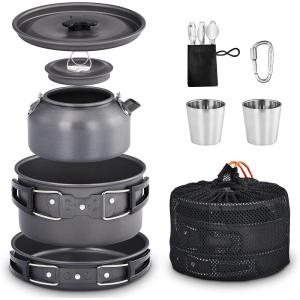 imageOutvita 10 PCS Camping Cookware Mess Kit Lightweight Camping Pot and Pan Set with Kettle Stainless Steel Cups Forks Knives Spoons Storage Bag for Camping Backpacking Outdoor Cooking and Picnic