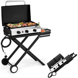 imageOutvita 3 Burner Foldable Propane Griddle with Wheels ampamp Enameled Tray 30000 BTU Portable Flat Top Gas Grill with Electronic Ignition ampamp Regulator for Outdoor Cooking Camping BBQ Tailgating Picnicking3 Burner Foldable Grill wLid