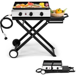 imageOutvita 3 Burner Foldable Propane Griddle with Wheels ampamp Enameled Tray 30000 BTU Portable Flat Top Gas Grill with Electronic Ignition ampamp Regulator for Outdoor Cooking Camping BBQ Tailgating Picnicking3 Burner Foldable Grill