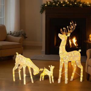 imageOutvita 5ft 3Piece Lighted Christmas Deer Family Set Large Outdoor Christmas Decoration with 280 LED Lights Stakes Zip Ties White3pcs5FT