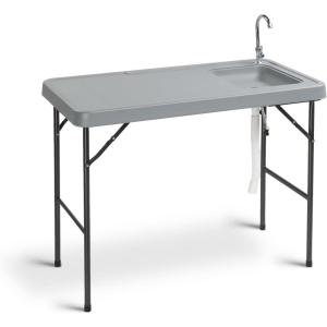 imageOutvita Fish Cleaning Table Portable Folding Camping Table 45quot HDPE Outdoor Fish Cleaning Station with Sink 360 Stainless Steel Faucet Drainage Hose Working Platform for Camping Food HandlingBasic TableGray