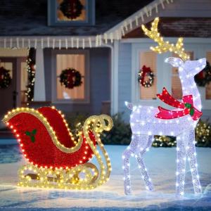 imageOutvita Outdoor Christmas Decoration Reindeer ampamp Sleigh Yard Decoration Set w 448 LED Lights Stakes Zip Ties Holiday Display PorchLawnYardGarden White ampamp Red 709 x 177 x 59 inches