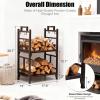 imageOutvita 2 Tier Firewood Log Rack Iron Lumber Storage Holder Wood Pile Stacker Organizer for Indoor Outdoor Fireplace Fire Stove Pit With 4 Fire Tools Hanging Hooks Christmas Elements BrownBrown