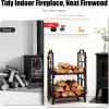 imageOutvita 2 Tier Firewood Log Rack Iron Lumber Storage Holder Wood Pile Stacker Organizer for Indoor Outdoor Fireplace Fire Stove Pit With 4 Fire Tools Hanging Hooks Christmas Elements BrownBrown