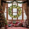 imageOutvita 36in Christmas Wreath Prelit Battery Powered Lighted Artificial Xmas Wreath with 80 Warm Lights and 270 PVC Tips and 18 DIY Ornaments for Front Door Gate Wall Xmas Party DecorationsLightgreen