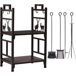 imageOutvita 2 Tier Firewood Log Rack Iron Lumber Storage Holder Wood Pile Stacker Organizer for Indoor Outdoor Fireplace Fire Stove Pit With 4 Fire Tools Hanging Hooks Christmas Elements BrownBrown