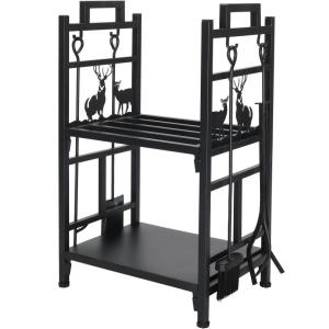 imageOutvita 2 Tier Firewood Log Rack Iron Lumber Storage Holder Wood Pile Stacker Organizer for Indoor Outdoor Fireplace Fire Stove Pit With 4 Fire Tools Hanging Hooks Christmas Elements BrownBlack