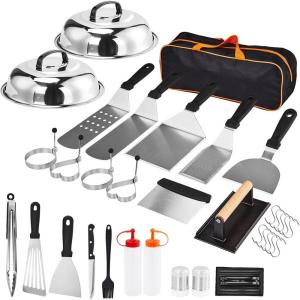imageOutvita 34PCS Griddle Accessories Kit Flat Top Grill Accessories Set for Camp Chef Grill Spatula Set with Enlarged Spatulas Basting Cover Scraper for Outdoor BBQ
