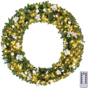 imageOutvita 36in Christmas Wreath Prelit Battery Powered Lighted Artificial Xmas Wreath with 80 Warm Lights and 270 PVC Tips and 18 DIY Ornaments for Front Door Gate Wall Xmas Party DecorationsLightgreen
