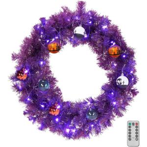 imageOutvita 36in Christmas Wreath Prelit Battery Powered Lighted Artificial Xmas Wreath with 80 Warm Lights and 270 PVC Tips and 18 DIY Ornaments for Front Door Gate Wall Xmas Party DecorationsPurple