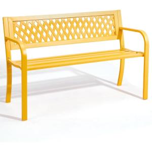 imageOutvita Outdoor Bench 50 Metal Garden Bench Patio Park Furniture wWarm Welcome Pattern amp Plastic Backrest for Yard Entryway Deck Porch BlackYellow
