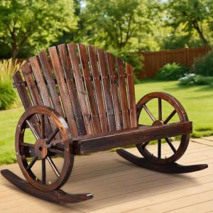 imageOutvita 2Person Wood Rocking Chair Fir Log Adirondack Rocker Outdoor Wood Accent Furniture Lounge Chairs with Wheel Armrest for Garden Patio Backyard Porch Carbonized FinishCarbonized Finish