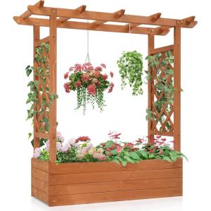 imageOutvita 45 Raised Garden Bed with Trellis Wood Planter Box with Hanging Roof Side Trellis and Drainage Holes Above Ground Elevated Garden Bed for Outdoor Climbing Plants VegetablesTeak ColorTeak Color
