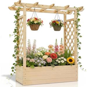 imageOutvita 45 Raised Garden Bed with Trellis Wood Planter Box with Hanging Roof Side Trellis and Drainage Holes Above Ground Elevated Garden Bed for Outdoor Climbing Plants VegetablesTeak ColorNatural Wood