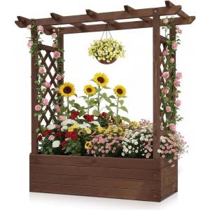 imageOutvita 45 Raised Garden Bed with Trellis Wood Planter Box with Hanging Roof Side Trellis and Drainage Holes Above Ground Elevated Garden Bed for Outdoor Climbing Plants VegetablesTeak ColorCarbonized Color