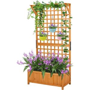 imageOutvita 45 Raised Garden Bed with Trellis Wood Planter Box with Hanging Roof Side Trellis and Drainage Holes Above Ground Elevated Garden Bed for Outdoor Climbing Plants VegetablesTeak ColorOrange