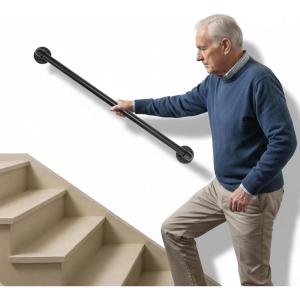 imageOutvita 4FT Metal Industrial Stairs Black Grab Wall Handrail Staircase Steps Hand Rail Safety Bar Handle for Indoor Exterior Outdoor Deck Heavy Duty Support Stairs Bars Wall Elderly Frame Pipe3 Feet