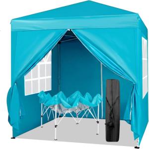 imageOutvita 5x5ft Pop Up Canopy Tent Outdoor Instant Shelter Folding Canopy with Carry Bag and 2pcs Sidewalls for Commercial Events Party Backyard BBQ Camping White6565 Lake Blue4 side walls