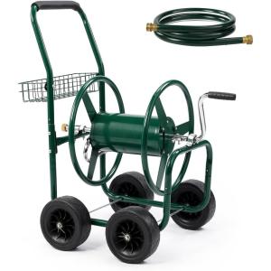 imageOutvita Garden Hose Reel Cart Lawn Water Planting Cart with PU Wheels Heavy Duty Outdoor Yard Water Planting Truck Holds 300Feet of 58Inch Hose with Storage Basket for Patio FarmGreenGreen