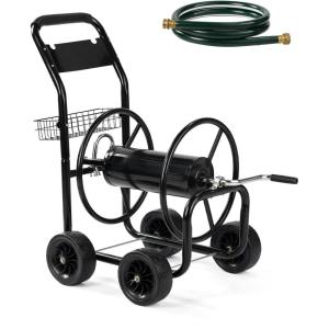 imageOutvita Garden Hose Reel Cart Lawn Water Planting Cart with PU Wheels Heavy Duty Outdoor Yard Water Planting Truck Holds 300Feet of 58Inch Hose with Storage Basket for Patio FarmGreenBlack