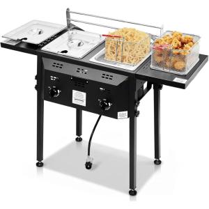 imageOutvita Outdoor Propane Deep Fryer Double Burners Commercial Fryer 16 Qt Cooker with Removable Baskets amp Lids amp Tanks Oil Fryer Cart with Thermometer amp Foldable Side Tables for Outdoor Cooking16QT8QTX2 fryer