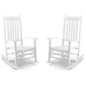 imageOutvita Outdoor Rocking Chair Set of 2 Solid Wood High Back Rocker All Weather Lounge Chair for Porch Patio Fire Pit Garden Backyard Deck Indoor Wave Shape White
