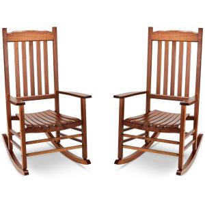 imageOutvita Outdoor Rocking Chair Set of 2 Solid Wood High Back Rocker All Weather Lounge Chair for Porch Patio Fire Pit Garden Backyard Deck Indoor Wave Shape Natural