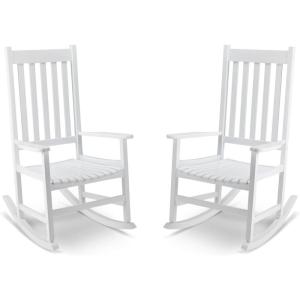 imageOutvita Outdoor Rocking Chair Set of 2 Solid Wood High Back Rocker All Weather Lounge Chair for Porch Patio Fire Pit Garden Backyard Deck Indoor White