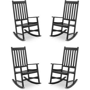 imageOutvita Outdoor Rocking Chair Set of 4 Solid Wood High Back Rocker All Weather Lounge Chair for Porch Patio Fire Pit Garden Backyard Deck Indoor Black
