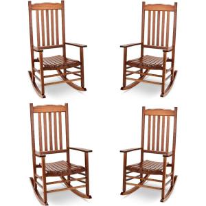 imageOutvita Outdoor Rocking Chair Set of 4 Solid Wood High Back Rocker All Weather Lounge Chair for Porch Patio Fire Pit Garden Backyard Deck Indoor Wave Shape Natural