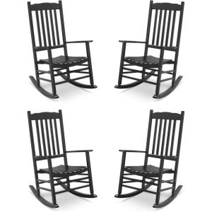 imageOutvita Outdoor Rocking Chair Set of 4 Solid Wood High Back Rocker All Weather Lounge Chair for Porch Patio Fire Pit Garden Backyard Deck Indoor Wave Shape Black