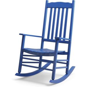 imageOutvita Outdoor Rocking Chair Solid Wood High Back Rocker All Weather Lounge Chair for Porch Patio Fire Pit Garden Backyard Deck Indoor Wave Shape White amp GreenBlue