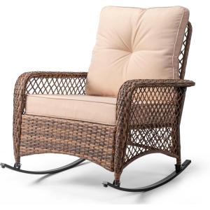 imageOutvita Outdoor Wicker Rocking Chair Patio Rattan Rocker Chair wCushions amp Steel Frame AllWeather Rocking Lawn Wicker Furniture for Garden Backyard Porch Deck BeigeBeige