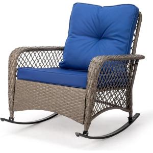 imageOutvita Outdoor Wicker Rocking Chair Patio Rattan Rocker Chair wCushions amp Steel Frame AllWeather Rocking Lawn Wicker Furniture for Garden Backyard Porch Deck BeigeBlue