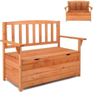 imageOutvita Outdoor Wood Storage Bench Wooden Large Deck Box with Seating amp Armrest Waterproof Patio Organizer Loveseat for Garden Porch Deck Backyard Poolside NaturalNatural